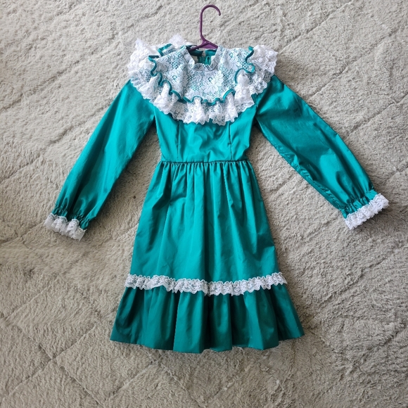 Vtg Ruffled Circle Style Dress Emerald Green Tween Time Girls Dress Sz 10 1990s - Picture 2 of 7